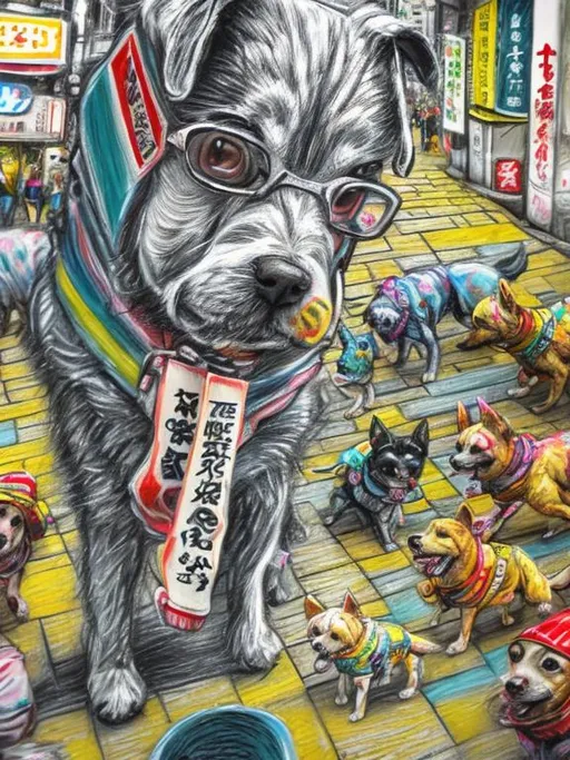 Prompt: pop art chalk pastel art of detailed dogs wearing clothes playing in the streets in japan during a festival, sketch, detailed background, highres, fun atmosphere, natural lighting,  abstract, fun