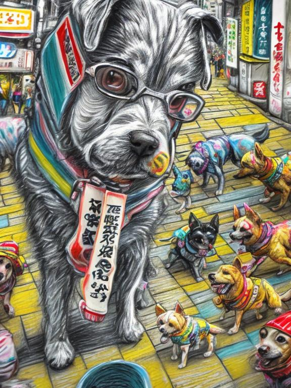 Prompt: pop art chalk pastel art of detailed dogs wearing clothes playing in the streets in japan during a festival, sketch, detailed background, highres, fun atmosphere, natural lighting,  abstract, fun