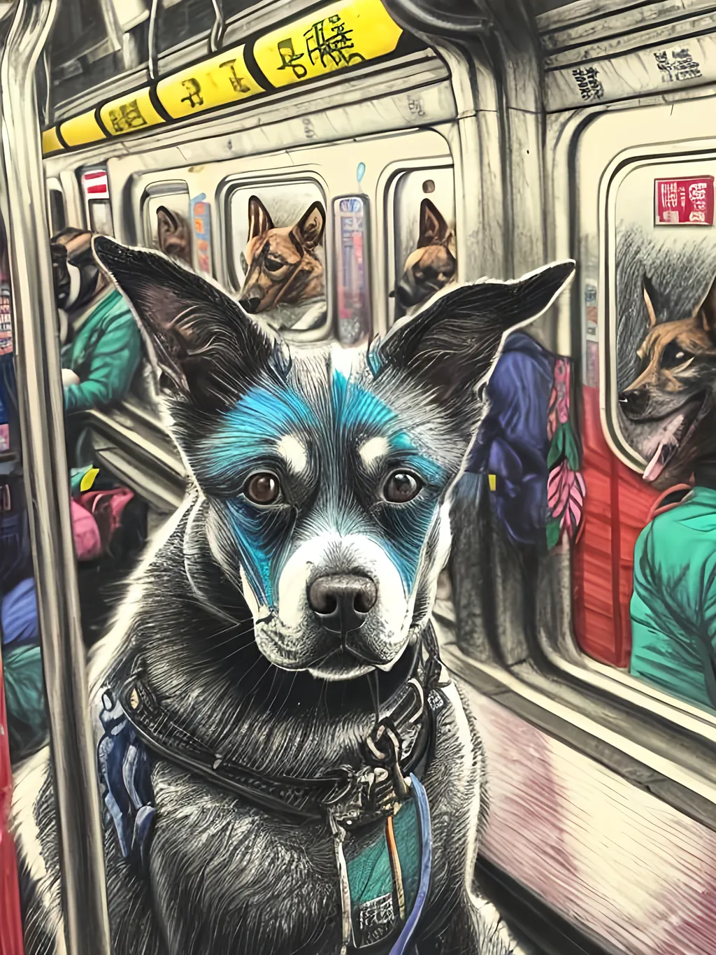 Prompt: pop art chalk pastel art of detailed dog on a train in cyberpunk japan during a festival, sketch, detailed background, highres, fun atmosphere, natural lighting,  abstract, fun