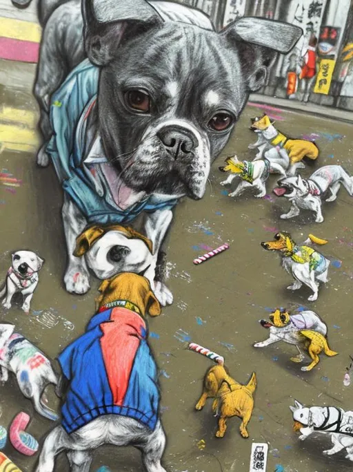 Prompt: pop art chalk pastel art of detailed dogs wearing clothes playing in the streets in japan during a festival, sketch, detailed background, highres, fun atmosphere, natural lighting,  abstract, fun