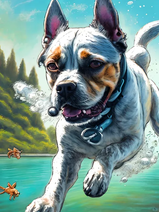 Prompt: chalk pastel style of a detailed dog Scooba diving, sketch, detailed background, highres, fun atmosphere, natural lighting,  abstract, fun
