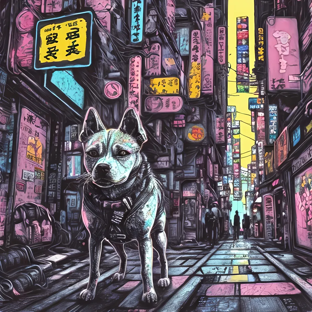 Prompt: pop art chalk pastel, a detailed grunge dog in the streets in cyberpunk japan, detailed background, natural lighting, highres, fun