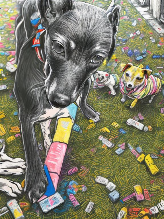 Prompt: pop art chalk pastel art of detailed dogs wearing clothes playing in the streets in japan during a festival, sketch, detailed background, highres, fun atmosphere, natural lighting,  abstract, fun