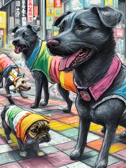 Prompt: pop art chalk pastel art of detailed dogs wearing clothes playing in the streets in japan during a festival, sketch, detailed background, highres, fun atmosphere, natural lighting,  abstract, fun