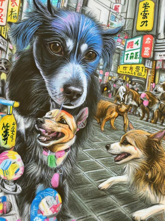 Prompt: pop art chalk pastel art of detailed dogs playing in the streets in japan during a festival, sketch, detailed background, highres, fun atmosphere, natural lighting,  abstract, fun