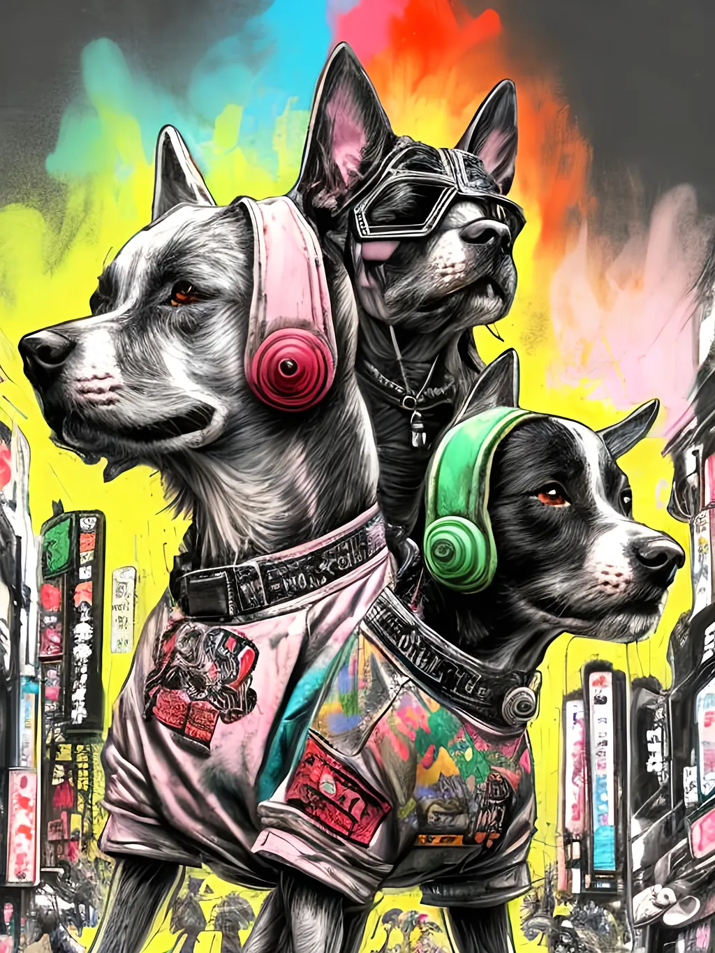 Prompt: pop art chalk pastel art of detailed dogs wearing gangster clothes playing in the streets in cyberpunk japan during a festival, sketch, detailed background, highres, fun atmosphere, natural lighting,  abstract, fun