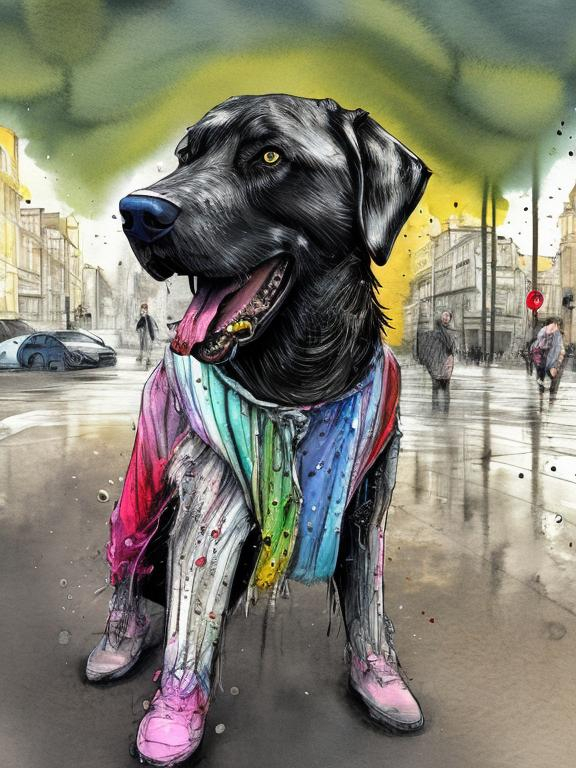 Prompt: a black dog wearing clothes having fun in the streets, water color, sketch, detailed background, highres, fun atmosphere, natural lighting, pastel colors