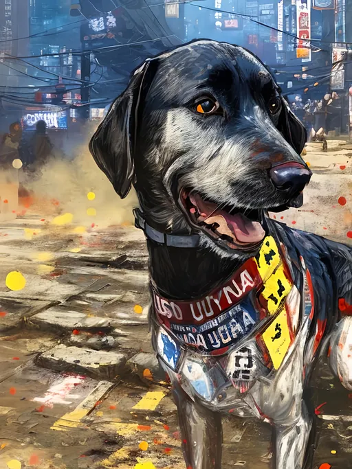 Prompt: a detailed mountain cur black dog wearing usa clothes at a city rally in cyberpunk japan, pop art chalk pastel, detailed background, high res, fun