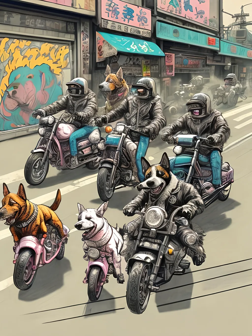 Prompt: pop art chalk pastel art of detailed dogs wearing biker gang clothes playing in the streets in cyberpunk japan during a festival, sketch, detailed background, highres, fun atmosphere, natural lighting,  abstract, fun