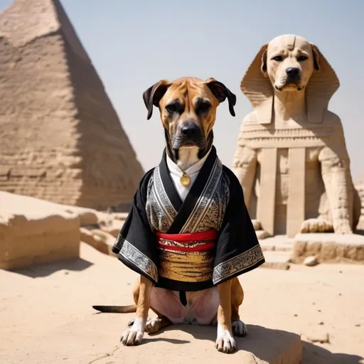 Prompt: black mountain cur dog dressed as yakuza in egypt