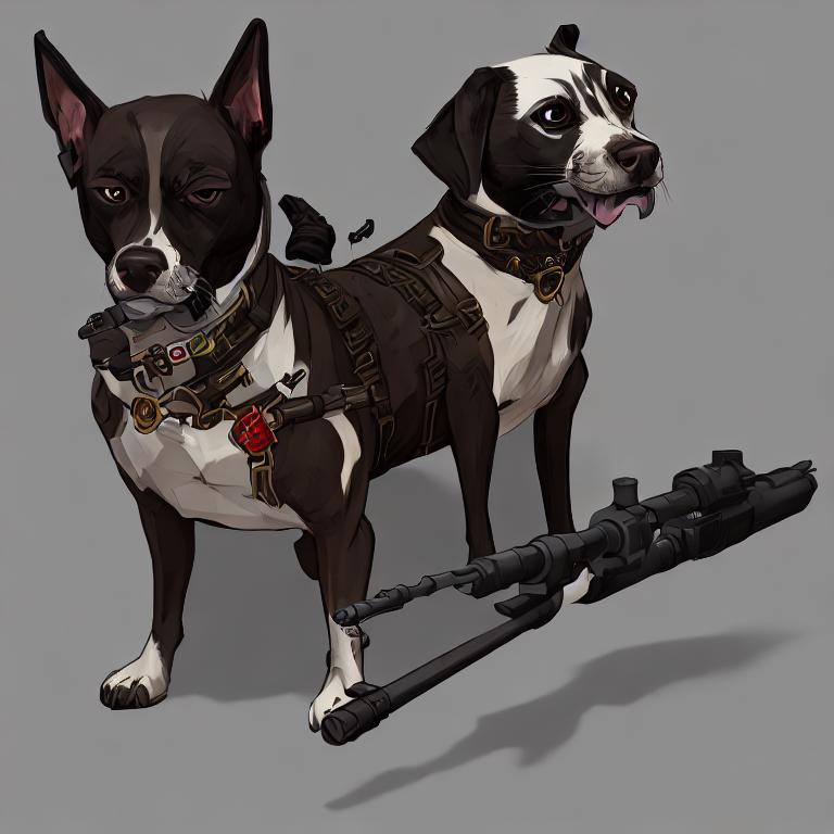 Prompt: black mountain cur dog dressed as yakuza holding a sniper rifle