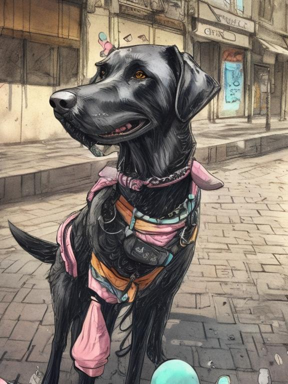 Prompt: a black dog wearing clothes having fun in the streets, sketch, detailed background, highres, fun atmosphere, natural lighting, pastel colors