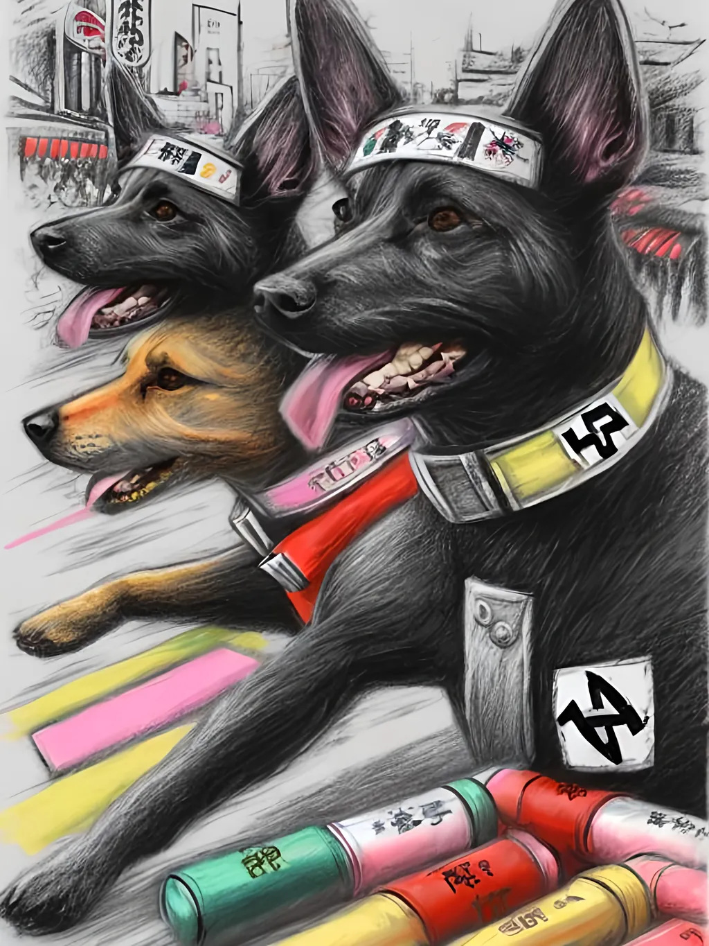 Prompt: pop art chalk pastel art of detailed dogs wearing nazi uniforms playing in the streets in japan during a festival, sketch, detailed background, highres, fun atmosphere, natural lighting,  abstract, fun