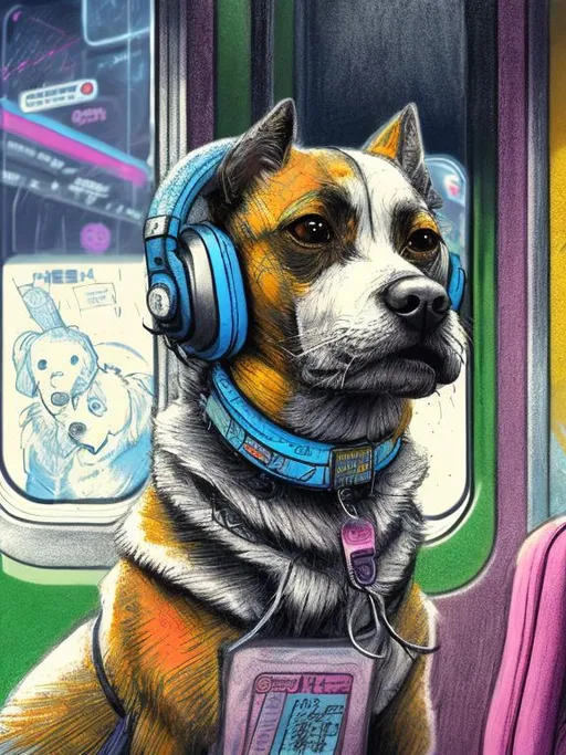 Prompt: pop art chalk pastel art of a detailed dog listening to music on the train in cyberpunk japan during a festival, sketch, detailed background, highres, fun atmosphere, natural lighting,  abstract, fun