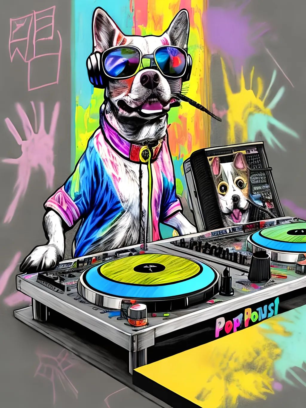 Prompt: pop art chalk pastel art of detailed dog DJing in Japan, sketch, detailed background, highres, fun atmosphere, natural lighting,  abstract, fun