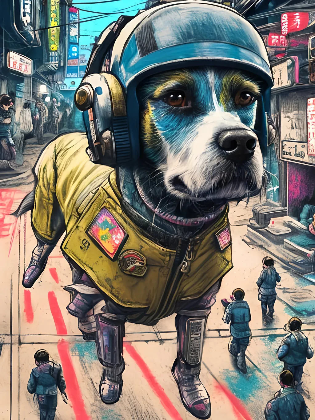 Prompt: pop art chalk pastel art of a detailed dog wearing a pilot uniform playing in the streets in cyberpunk japan during a festival, sketch, detailed background, highres, fun atmosphere, natural lighting,  abstract, fun