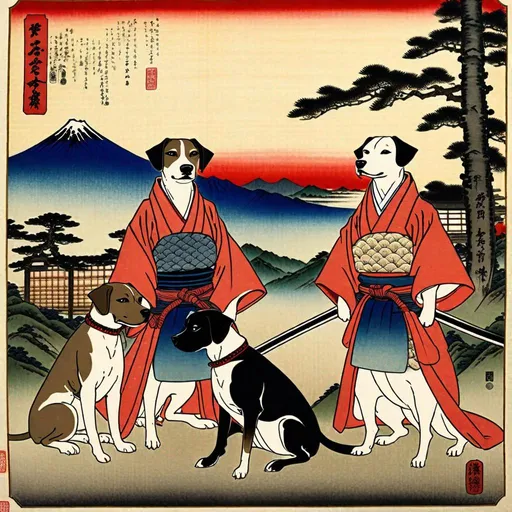 Prompt: black mountain cur dogs in hiroshige wearing samurai clothes