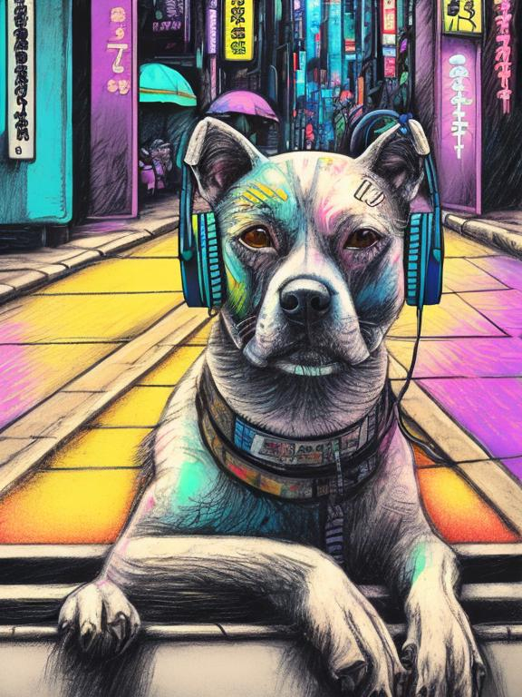 Prompt: pop art chalk pastel art of a detailed dog listening to music on the streets in cyberpunk japan during a festival, sketch, detailed background, highres, fun atmosphere, natural lighting,  abstract, fun