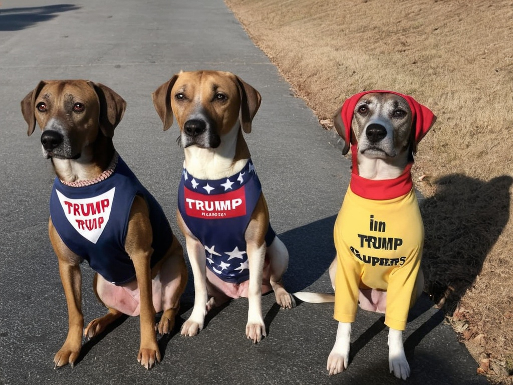 Prompt: black mountain cur dogs dressed in clothes as pro trump supporters