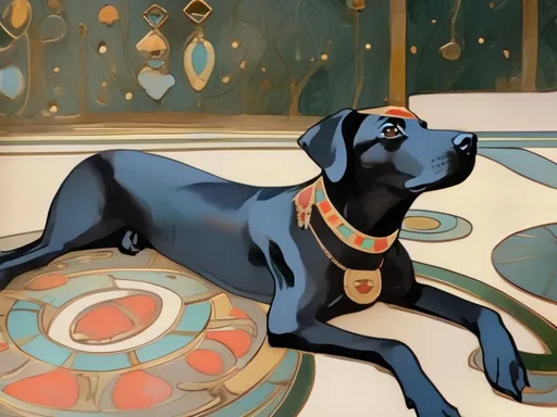 Prompt: Art Nouveau style black dog in egyptian clothing