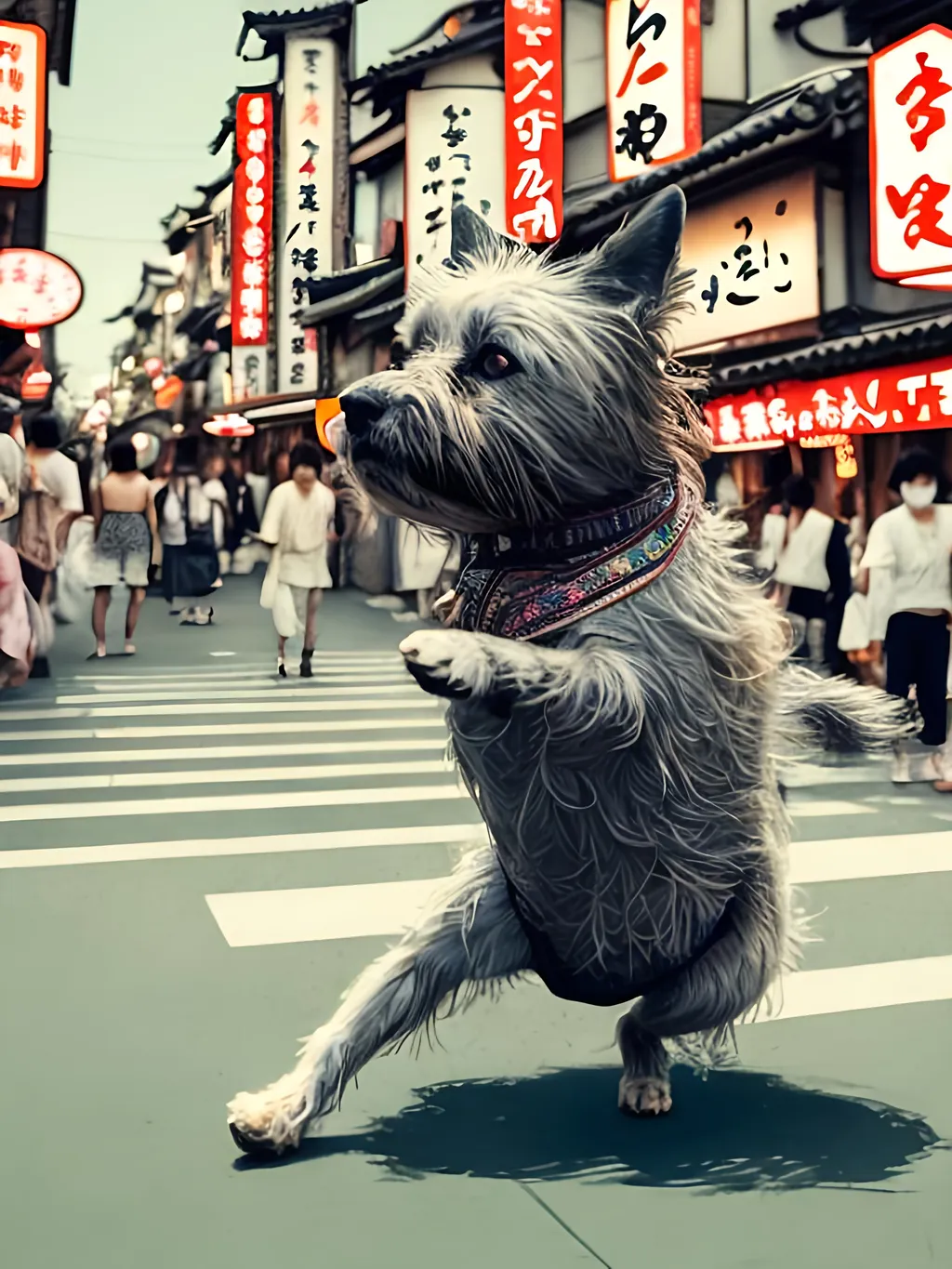 Prompt: chalk pastel style of a detailed dog dancing in the streets in japan during a festival, sketch, detailed background, highres, fun atmosphere, natural lighting,  abstract, fun