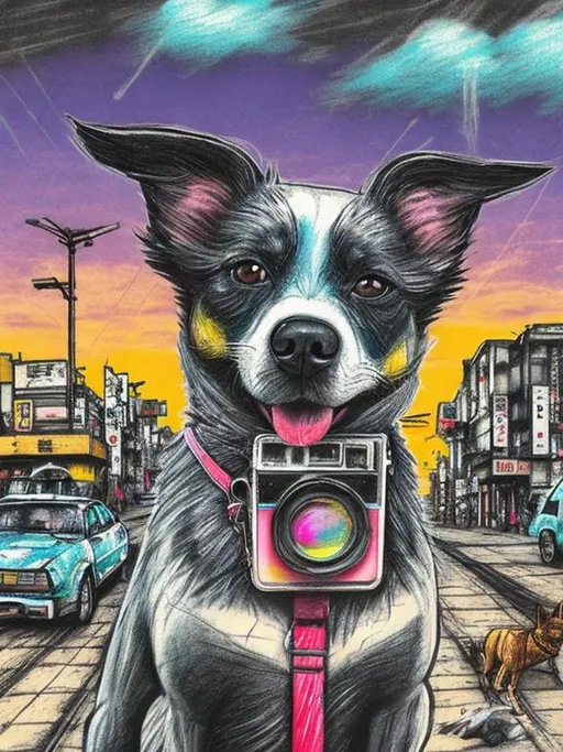 Prompt: pop art chalk pastel art of a detailed dog with a polaroid camera on the streets in post-apocalyptic Japan during a festival with planes in the background, sketch, detailed background, highres, fun atmosphere, natural lighting,  abstract, fun