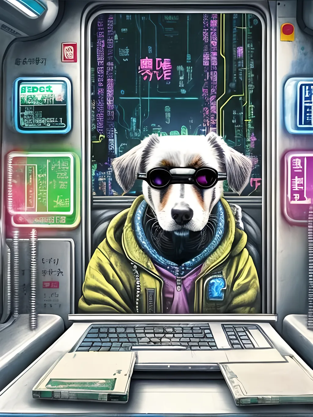 Prompt: pop art chalk pastel art of a detailed dog hacking a computer on the subway train in cyberpunk japan with planes in the background, sketch, detailed background, highres, fun atmosphere, natural lighting,  abstract, fun