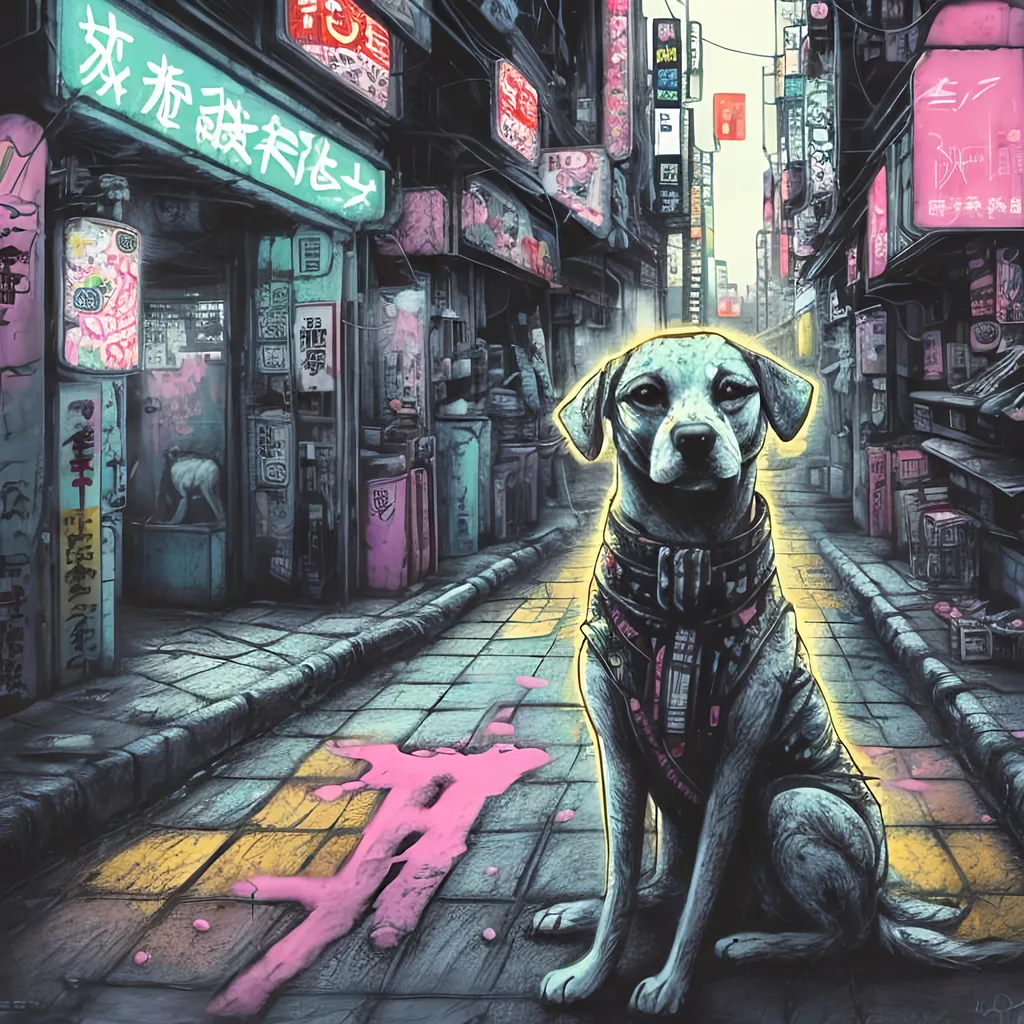 Prompt: pop art chalk pastel, a detailed grunge dog in the streets in cyberpunk japan, detailed background, natural lighting, highres, fun