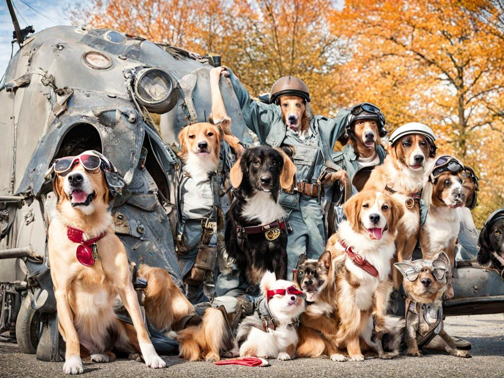 Prompt: black mountain cur dogs rap album dressed as airplane pilots