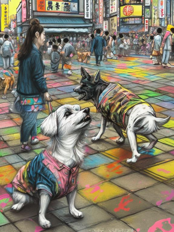 Prompt: pop art chalk pastel art of detailed dogs wearing clothes playing in the streets in japan during a festival, sketch, detailed background, highres, fun atmosphere, natural lighting,  abstract, fun