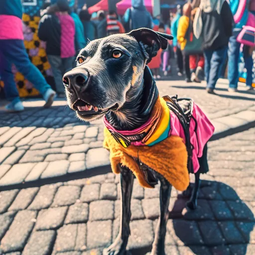 Prompt: a detailed grunge mountain cur dog in cyberpunk Japan festival, chalk pastel, natural lighting, highres, detailed streets, fun, cyberpunk, detailed fur, vibrant colors, lively atmosphere, street festival, urban setting, chalk pastel art, detailed background, Japan, pop art, festival vibes, sketch<mymodel>