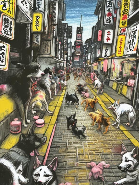 Prompt: pop art chalk pastel art of detailed dogs playing in the streets in japan during a festival, sketch, detailed background, highres, fun atmosphere, natural lighting,  abstract, fun