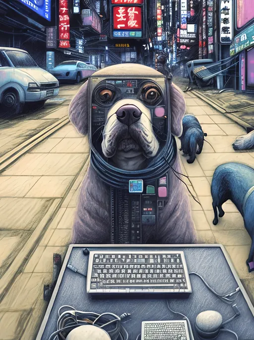 Prompt: chalk pastel art of a detailed dog hacking a computer on the streets in cyberpunk japan with planes in the background, sketch, detailed background, highres, fun atmosphere, natural lighting,  abstract, fun