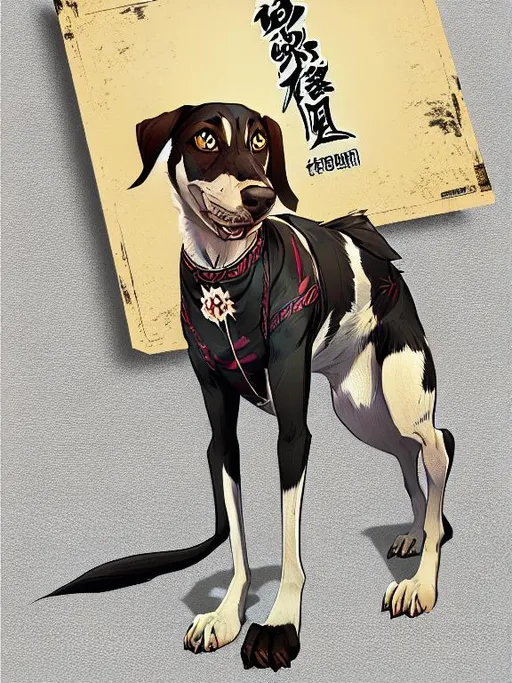 Prompt: black mountain cur dog in yakuza outfit 90s poster