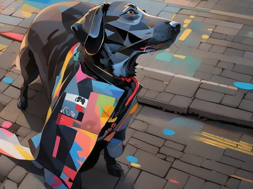 Prompt: black dog wearing ninja clothes having fun in the streets with a battle in the background, dogs, abstract art, Screen print, digital art, 8k resolution trending on Artstation, golden ratio, akira, rule of thirds, geometric bauhaus, Studio Ghibli, Anime Key Visual, by Makoto Shinkai, Deep Color, Intricate, 8k resolution concept art, Natural Lighting, Beautiful Composition