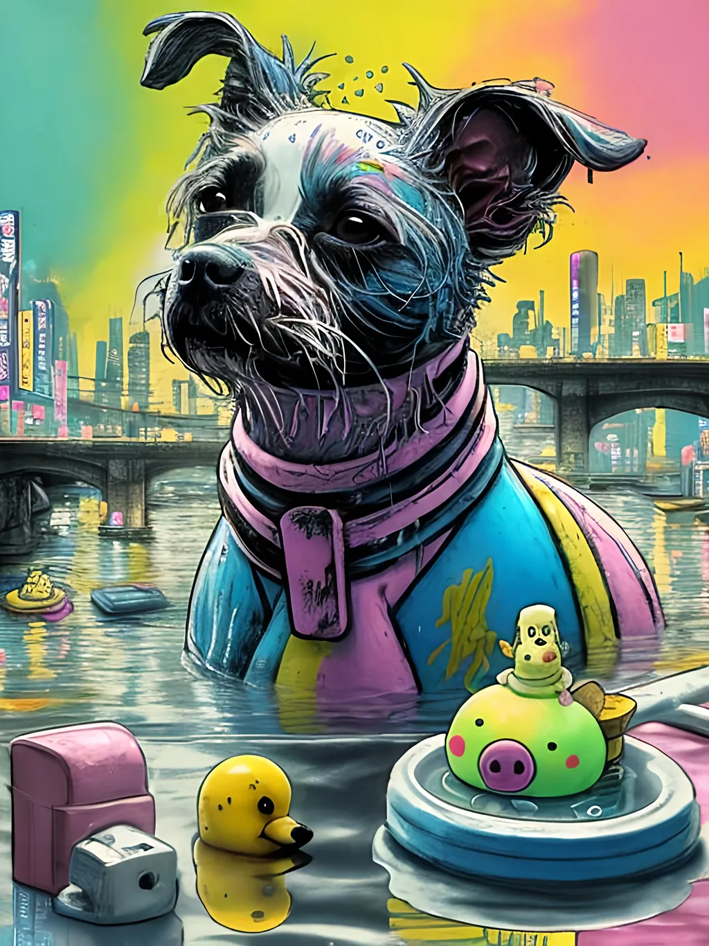 Prompt: pop art chalk pastel art of detailed dog taking a bath with a rubber ducky in cyberpunk japan, sketch, detailed background, highres, fun atmosphere, natural lighting,  abstract, fun