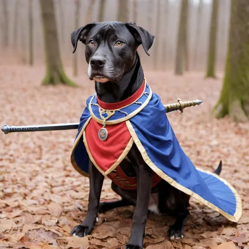 Prompt: black mountain cur dog LARPing in cosplay