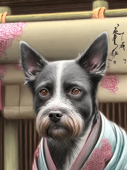 Prompt: chalk pastel style of a  detailed dog in a kimono at a shrine, sketch, detailed background, highres, fun atmosphere, natural lighting,  abstract, fun