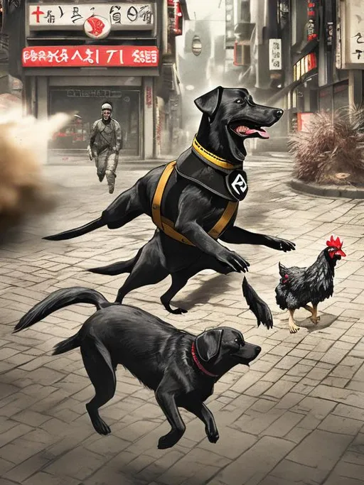 Prompt: a black dog wearing a nazi uniform chasing a chicken in the streets in japan, sketch, detailed background, highres, fun atmosphere, natural lighting, pastel colors, abstract, fun