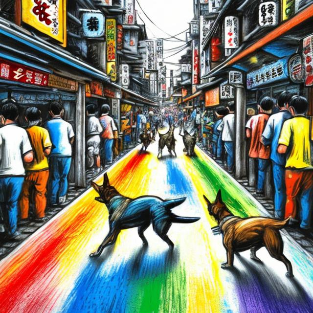 Prompt: pop art chalk pastel art of detailed dogs playing in the streets in japan during a festival, sketch, detailed background, highres, fun atmosphere, natural lighting, pastel colors, abstract, fun