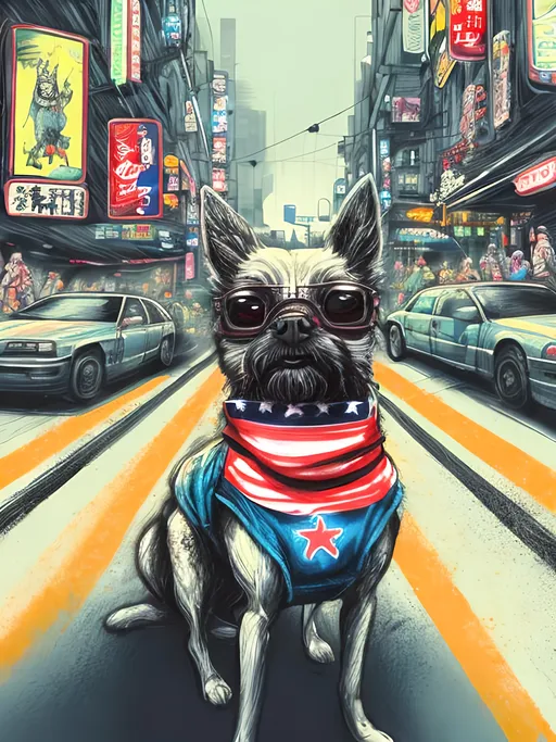 Prompt: pop art chalk pastel art of detailed dog wearing USA clothes playing in the streets in cyberpunk japan during a festival, sketch, detailed background, highres, fun atmosphere, natural lighting,  abstract, fun