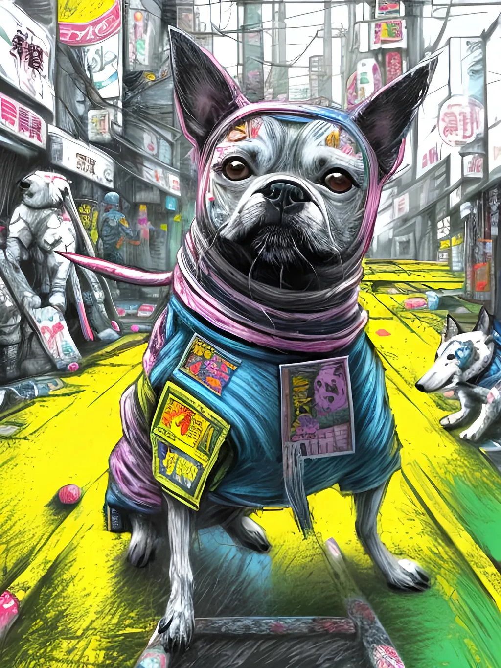 Prompt: pop art chalk pastel art of detailed dog wearing ninja clothes playing in the streets in cyberpunk japan during a festival, sketch, detailed background, highres, fun atmosphere, natural lighting,  abstract, fun