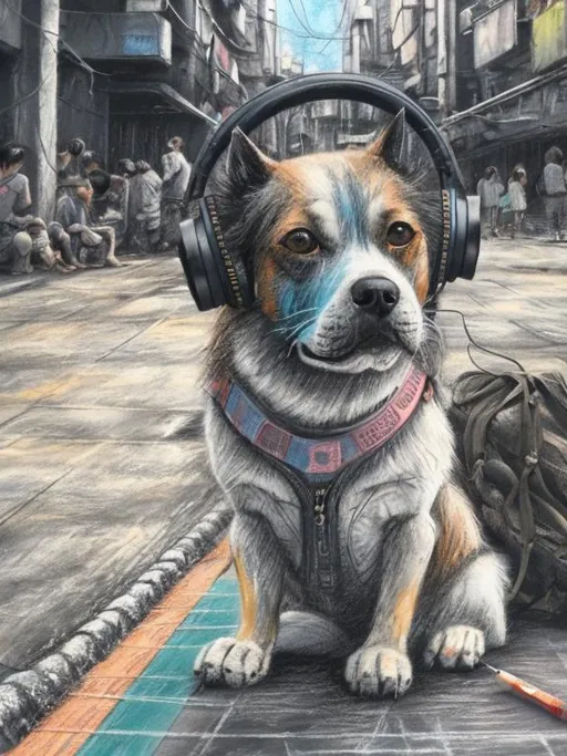 Prompt: chalk pastel art of a detailed dog listening to music on the streets in post-apocalyptic Japan during a festival with planes in the background, sketch, detailed background, highres, fun atmosphere, natural lighting,  abstract, fun