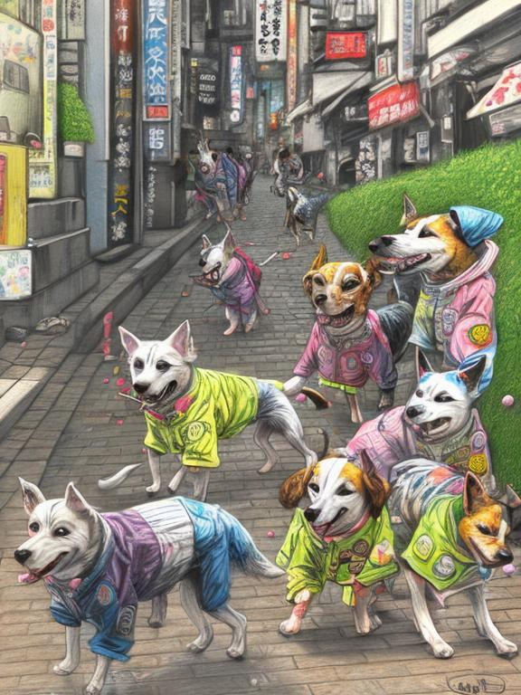 Prompt: pop art chalk pastel art of detailed dogs wearing clothes playing in the streets in japan during a festival, sketch, detailed background, highres, fun atmosphere, natural lighting,  abstract, fun