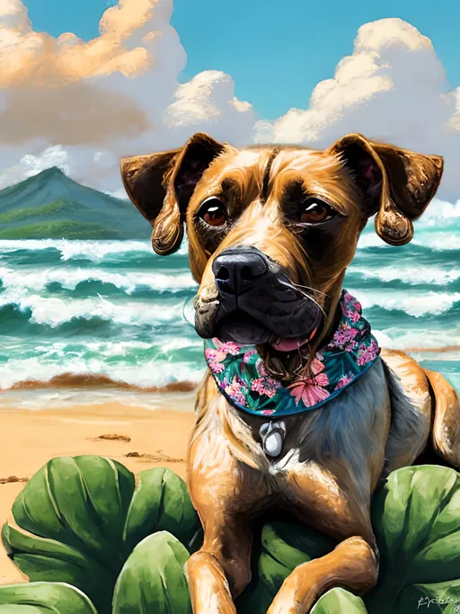 Prompt: chalk pastel style of a  detailed dog getting its hair braided in a Hawaiian shirt in Jamaica, sketch, detailed background, highres, fun atmosphere, natural lighting,  abstract, fun