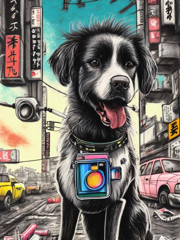 Prompt: pop art chalk pastel art of a detailed dog with a polaroid camera on the streets in post-apocalyptic Japan during a festival with planes in the background, sketch, detailed background, highres, fun atmosphere, natural lighting,  abstract, fun