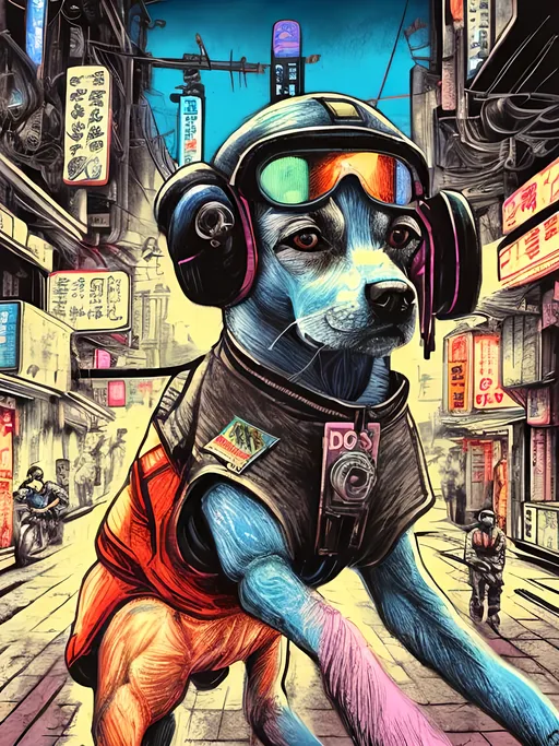 Prompt: pop art chalk pastel art of a detailed dog wearing a pilot uniform playing in the streets in cyberpunk japan during a festival, sketch, detailed background, highres, fun atmosphere, natural lighting,  abstract, fun