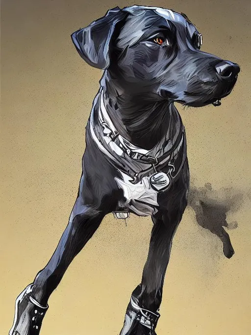 Prompt: mountain cur black dog in clothes gangster abstract art