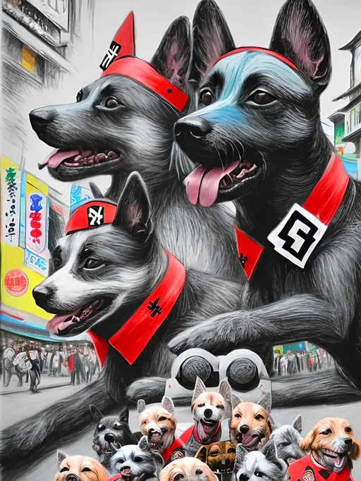 Prompt: pop art chalk pastel art of detailed dogs wearing nazi uniforms playing in the streets in japan during a festival, sketch, detailed background, highres, fun atmosphere, natural lighting,  abstract, fun