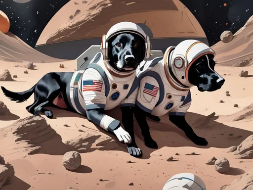 Prompt: abstract style art of black dogs in space in astronaut outfits